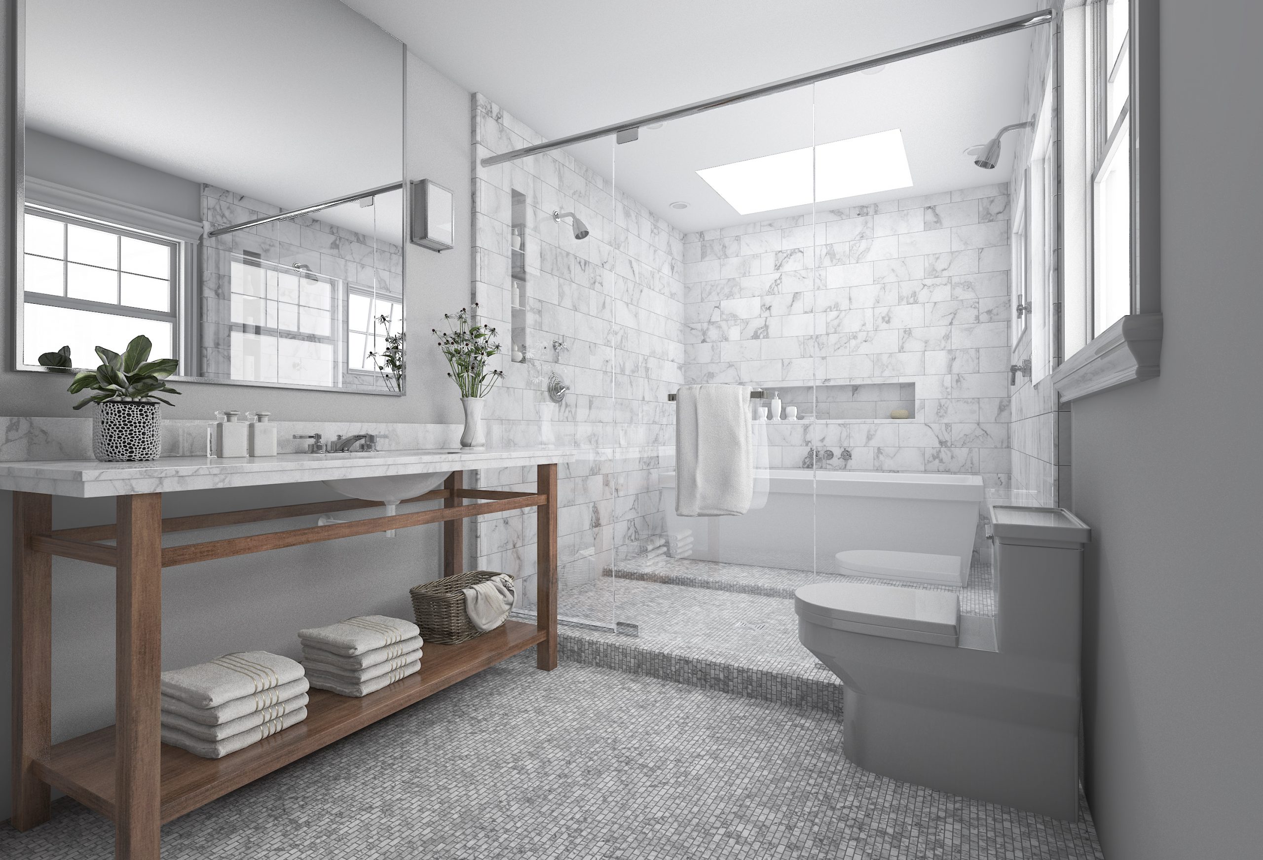 Modern white bathroom with sink, toilet, and walk-in shower.